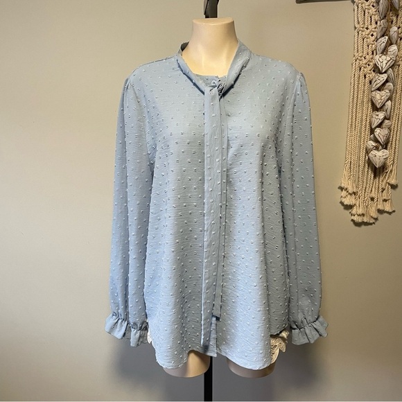 Acevog Tops - Acevog Swiss Dot Tie Neck Pussybow Button Down Blouse Top Blue Ruffled Size XL